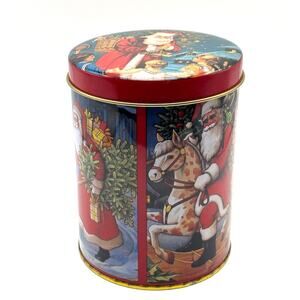 VTG 1980's Victorian Christmas Santa Tin, Round Column with Lid